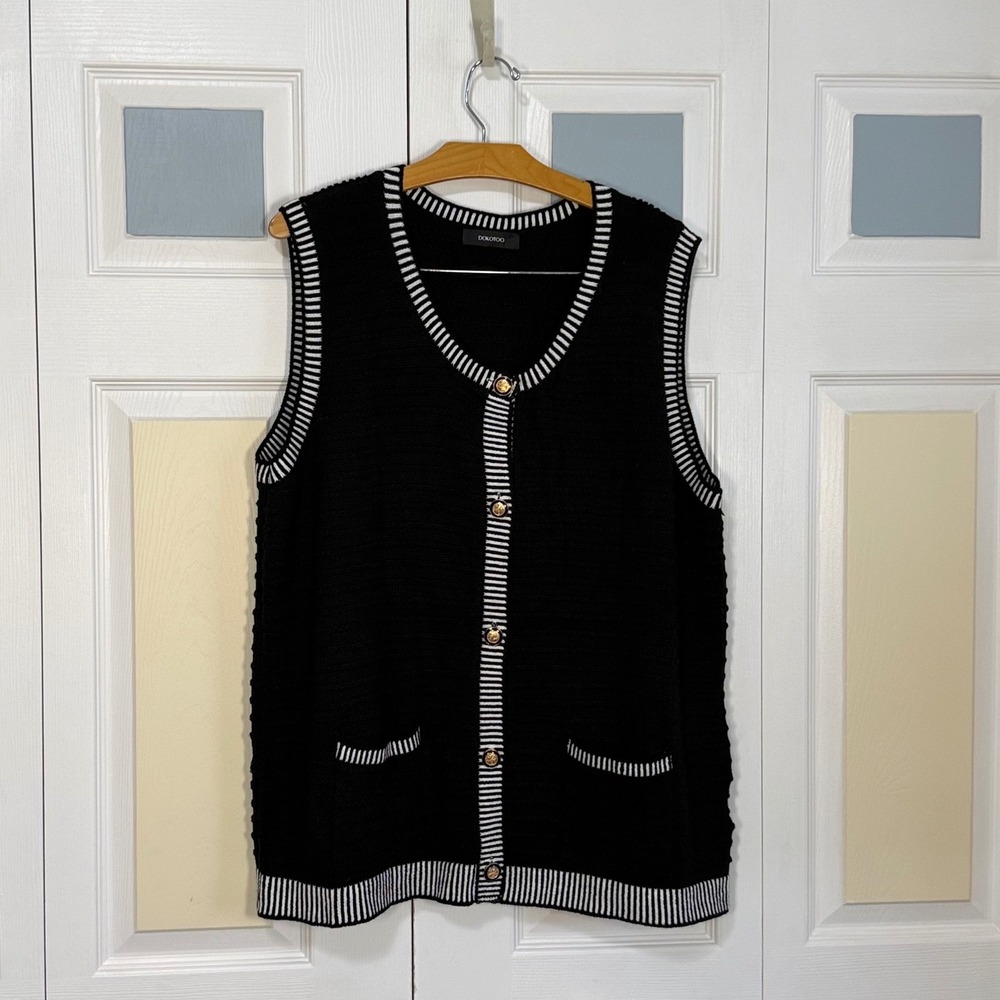 Dokotoo Womens 2XL Black Knit Sweater Vest Gold Button Cardigan Striped Trim